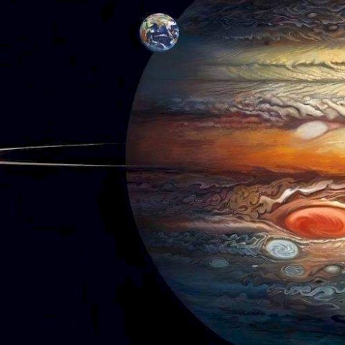 The image shows a large planet resembling Jupiter with its Great Red Spot, accompanied by a smaller celestial body like a moon.