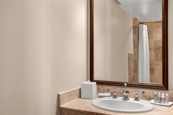 A bathroom with a sink, mirror, toiletries, and a shower with a curtain can be seen in the image.