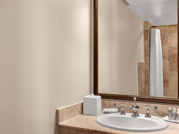A bathroom with a sink, marble countertop, tissue box, toiletries, and a large mirror. There’s a shower curtain in the background.
