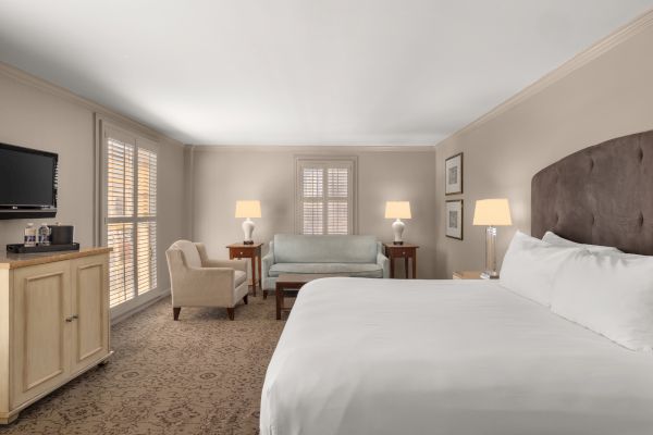 A hotel room with a bed, armchair, sofa, TV, lamps, and a window covered by blinds.