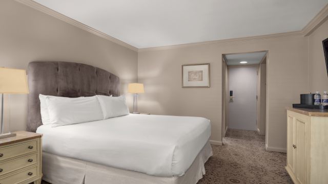 A hotel room with a bed, nightstand, lamp, and TV