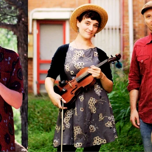 Three musicians outdoors: a clarinetist on the left, a violin/mandolin duo in the middle, and a guitarist with a resonator on the right.