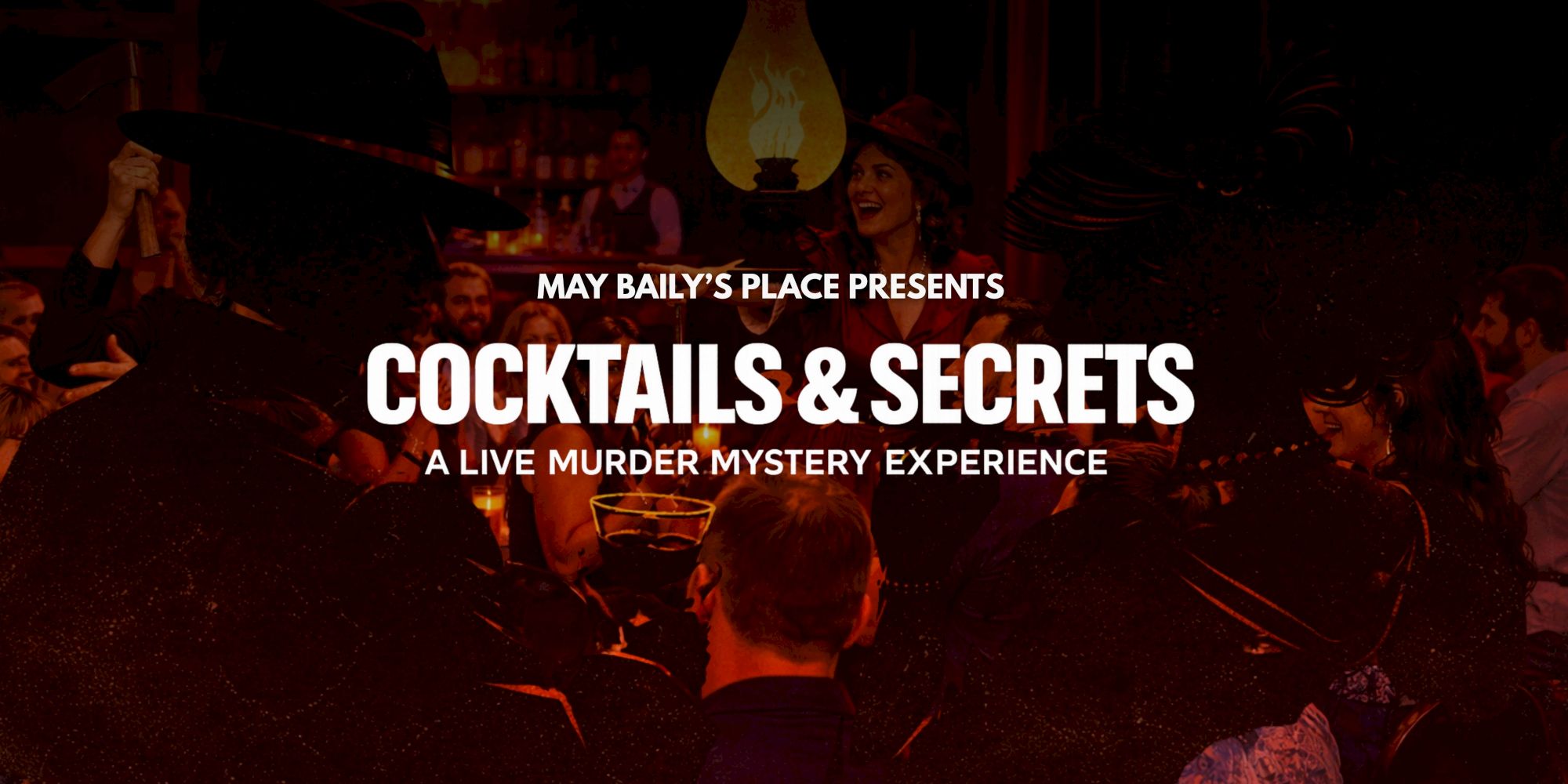 A dim, smoky bar scene with a crowd surrounding a glowing center; bold white text reads &ldquo;COCKTAILS & SECRETS&rdquo; overlaid on top, hinting at secrets and mystery.